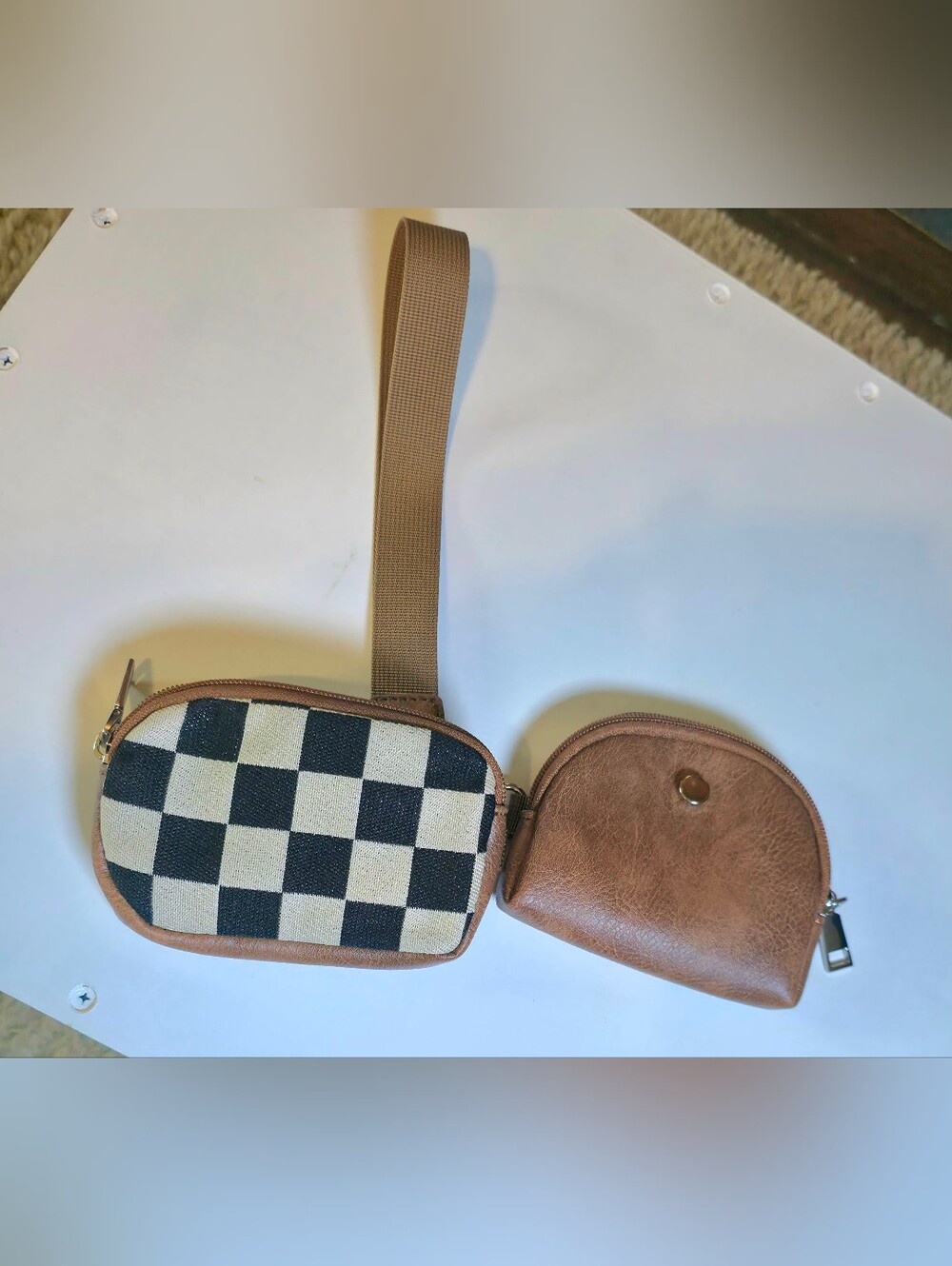 Checkered Sparkle Canvas and Brown Faux Leather Wristlet Bag